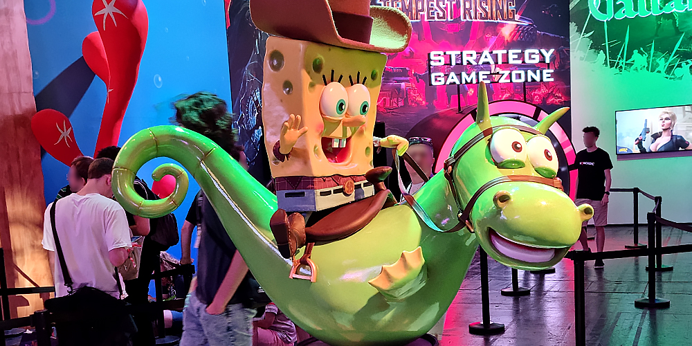 Spongebob auf einem Seepferdchen auf der Gamescom 2022 für The Cosmic Shake